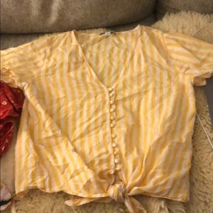 V neck button down with a tie at the bottom